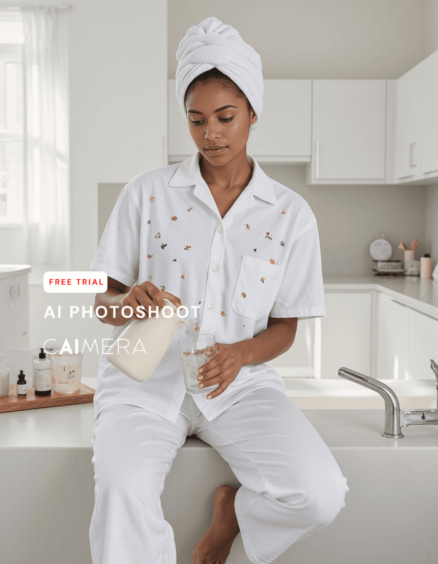 Serene morning scene in white kitchen with person in white outfit and head towel pouring milk into glass, minimalist aesthetic