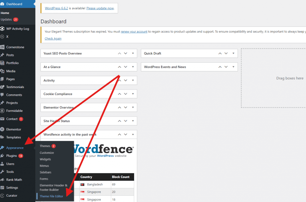 edit footer theme file editor tab