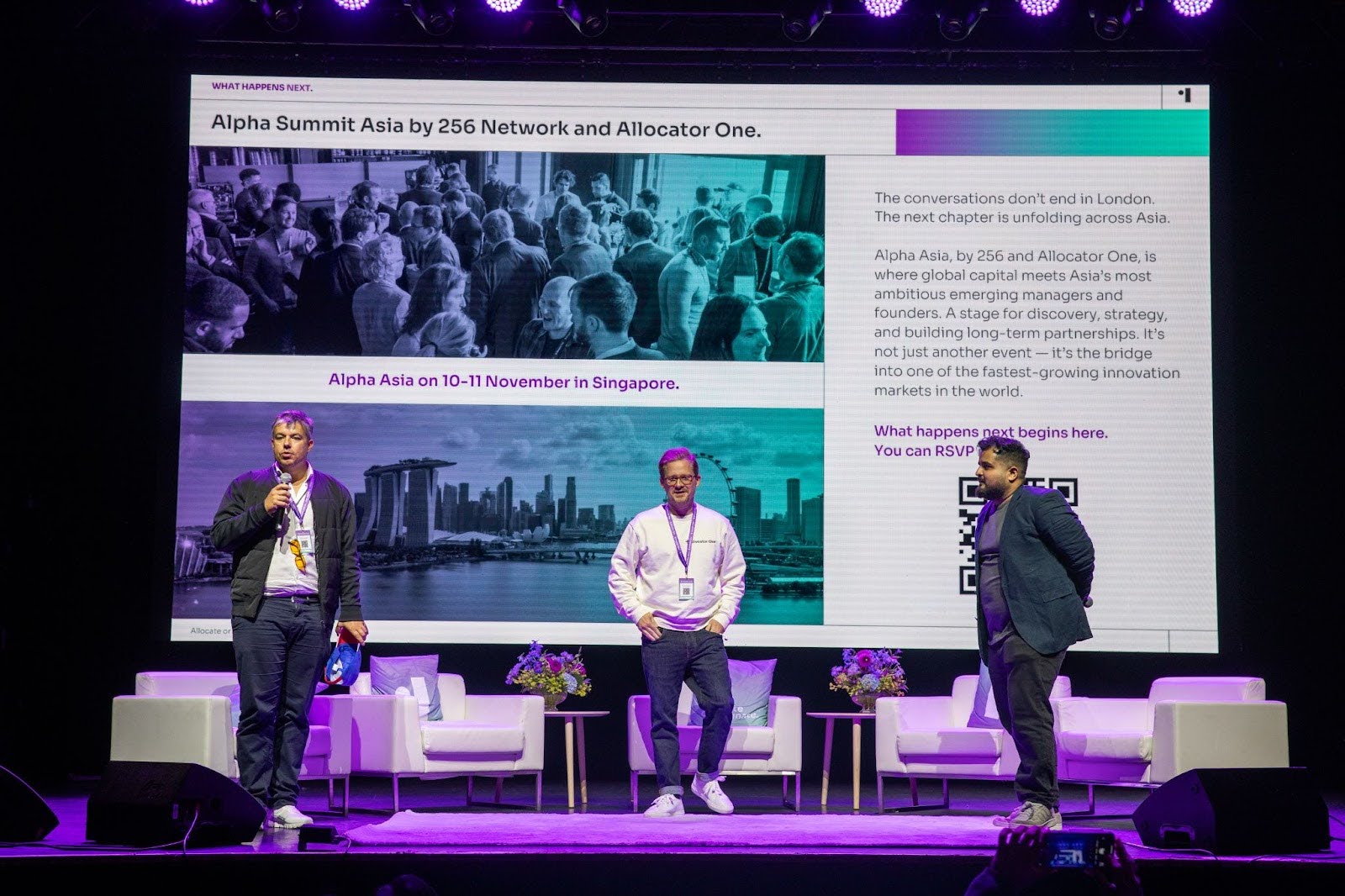 Allocator One’s founders Michael Ströck and Felix Staeritz, as well as 256 Network CEO Dhruv Sehraa, announcing Asia Summit 2025.