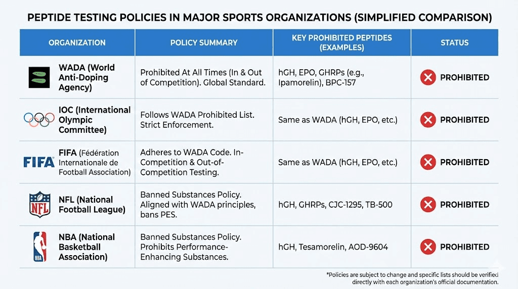 Sports organization peptide testing policies comparison chart