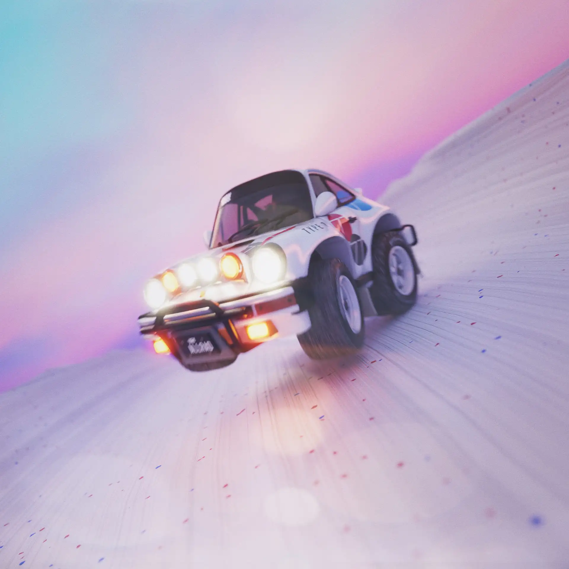 A digital rendering of a white sports car driving on snow.