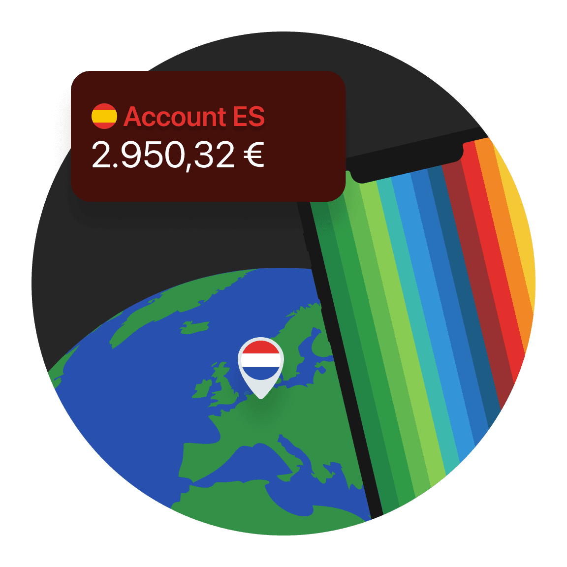 Globo con carte bunq impilate che mostrano saldi in EUR, USD e AUD.
