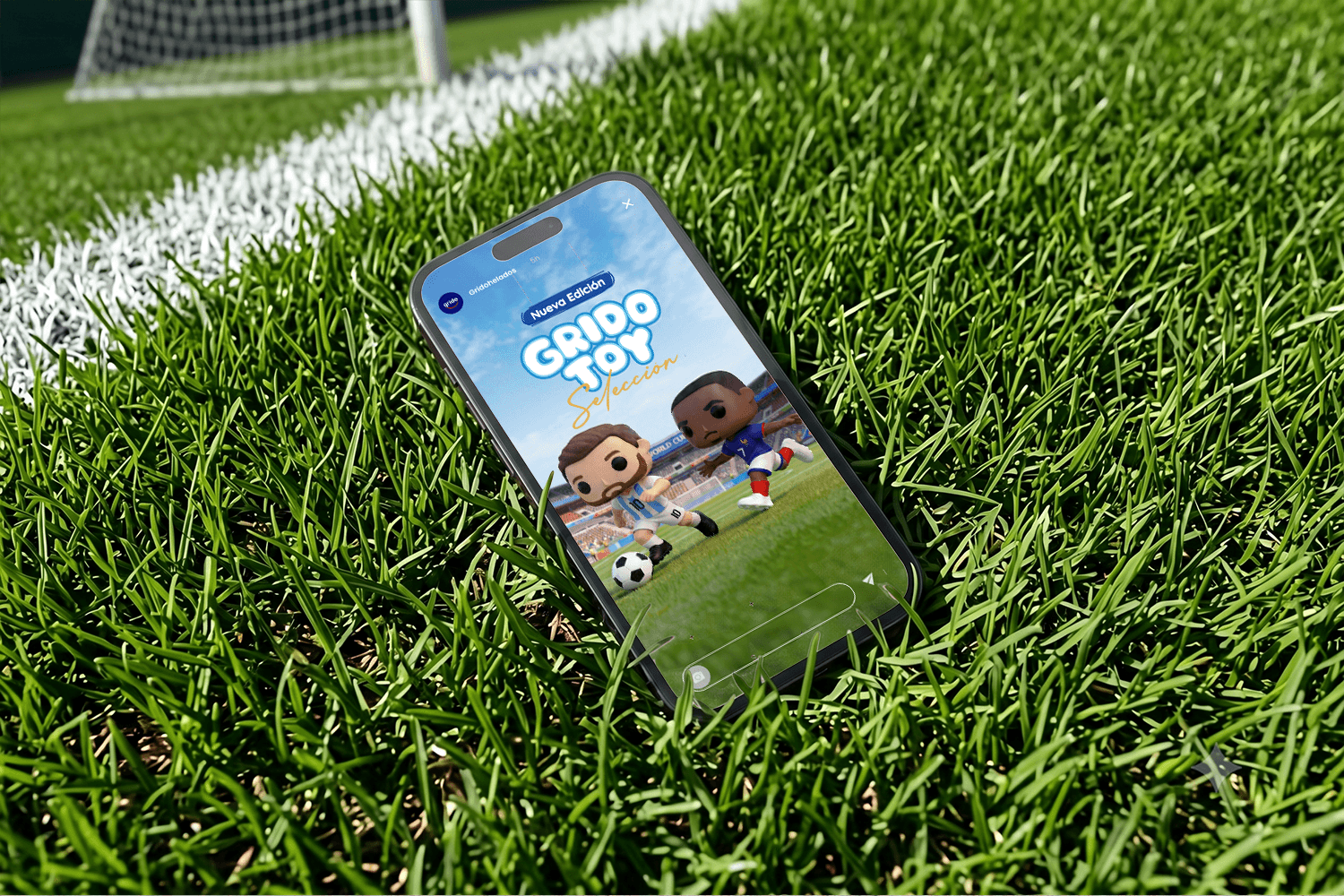 A smartphone lying on soccer field turf, displaying a Grido Toy promotion featuring animated soccer player figures on the screen.