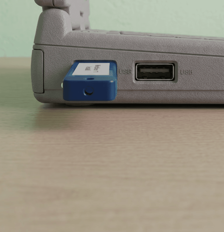 USB install media plugged into a laptop's USB port, with an empty port beside it