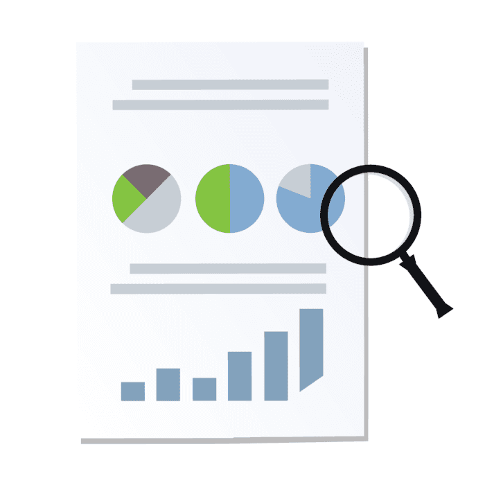 Illustration of a report with pie charts and a bar graph, accompanied by a magnifying glass. Represents data analysis, performance review, or marketing metrics evaluation.