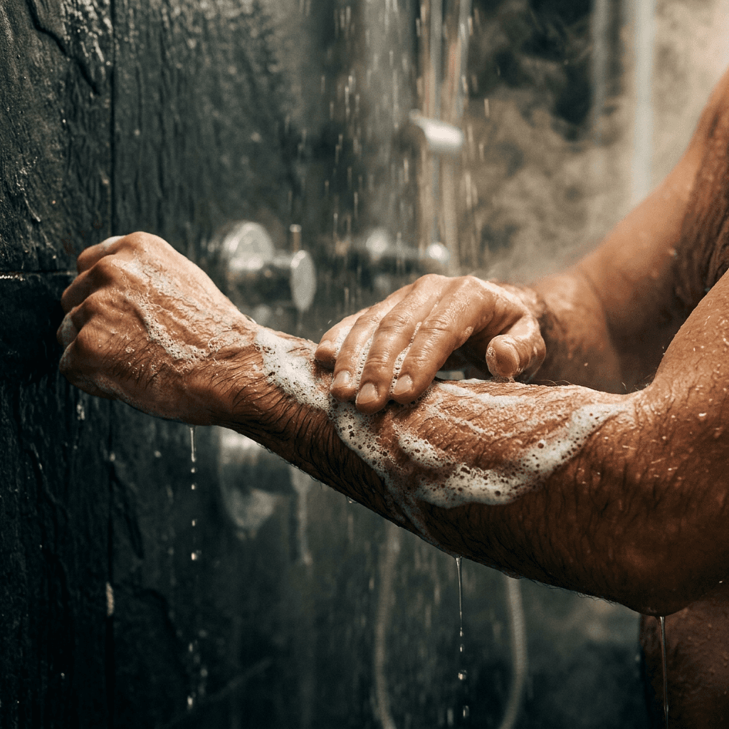 beauty products with a light green background