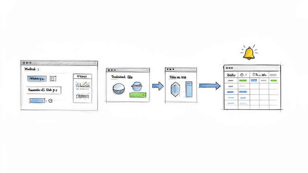 A sketched diagram illustrating a multi-step digital process with several UI windows and a final notification.