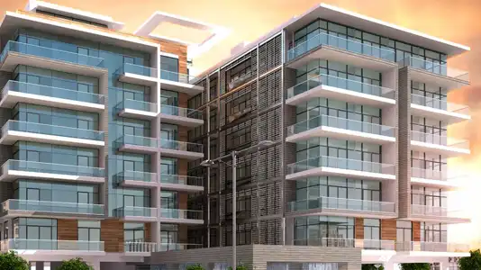 Architectural rendering of a luxury mid-rise building in Saih Shuaib 2 with glass balconies.