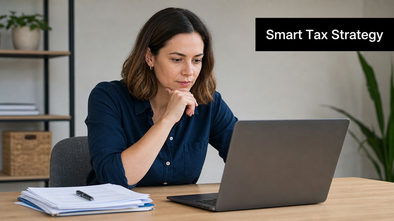 A professional woman thoughtfully analyzing financial documents and tax strategies on her laptop in a home office.