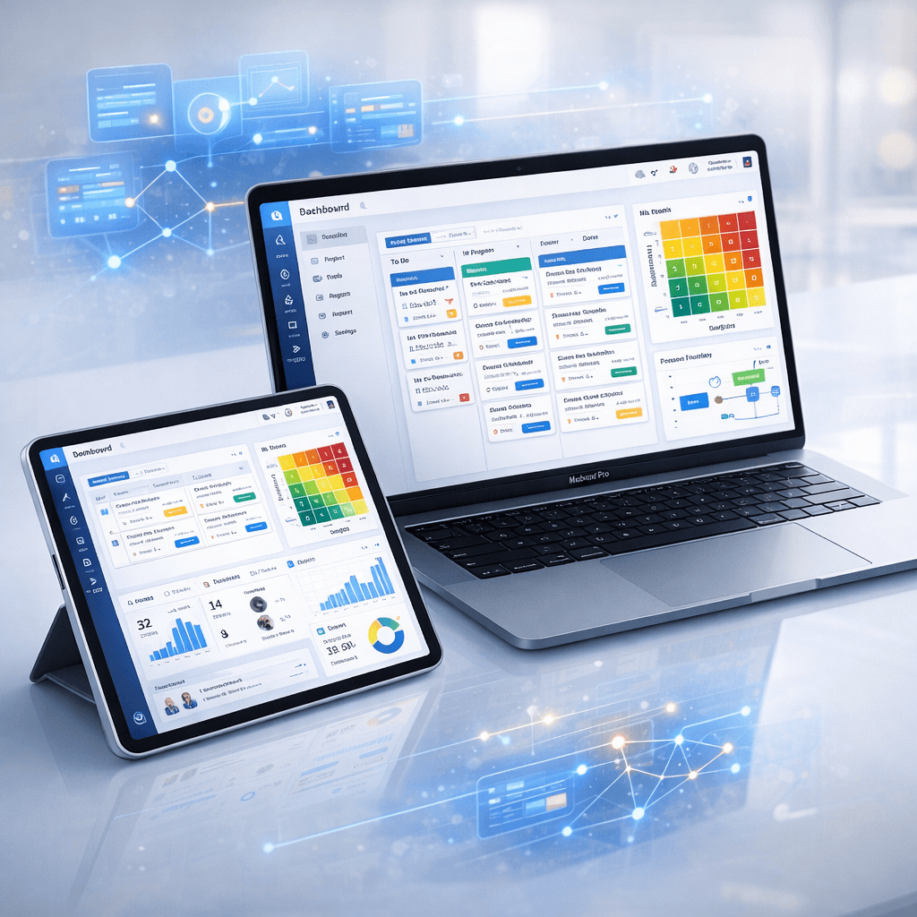 Dos dispositivos que muestran paneles de análisis de datos: una tableta y una computadora portátil, sobre un fondo azul con formas abstractas.