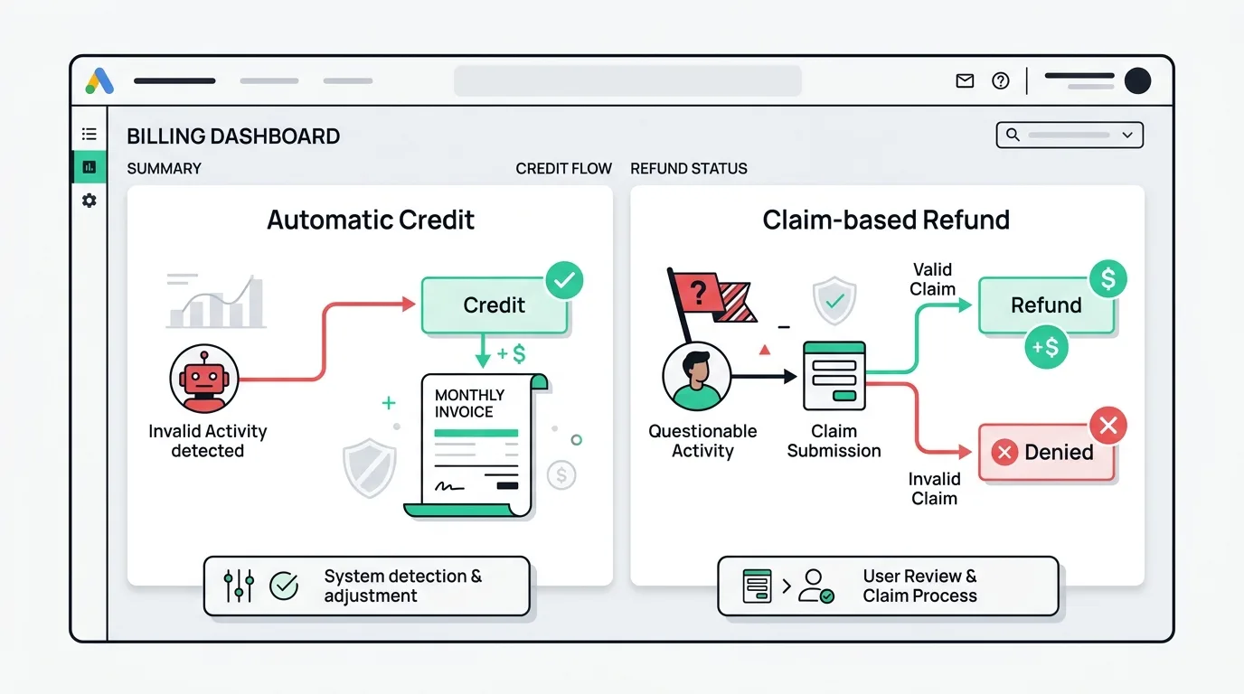 Google Ads billing screen split into automatic invalid-activity credit and claim-based refund