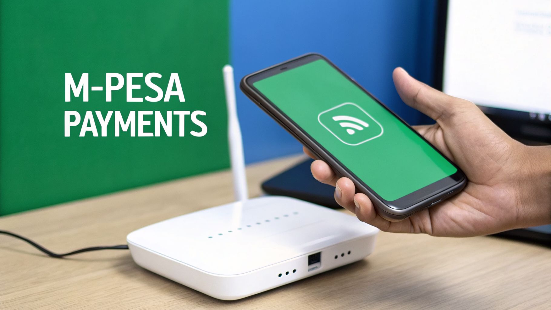 A hand holding a smartphone displaying an M-Pesa app with a Wi-Fi symbol, beside a white router.