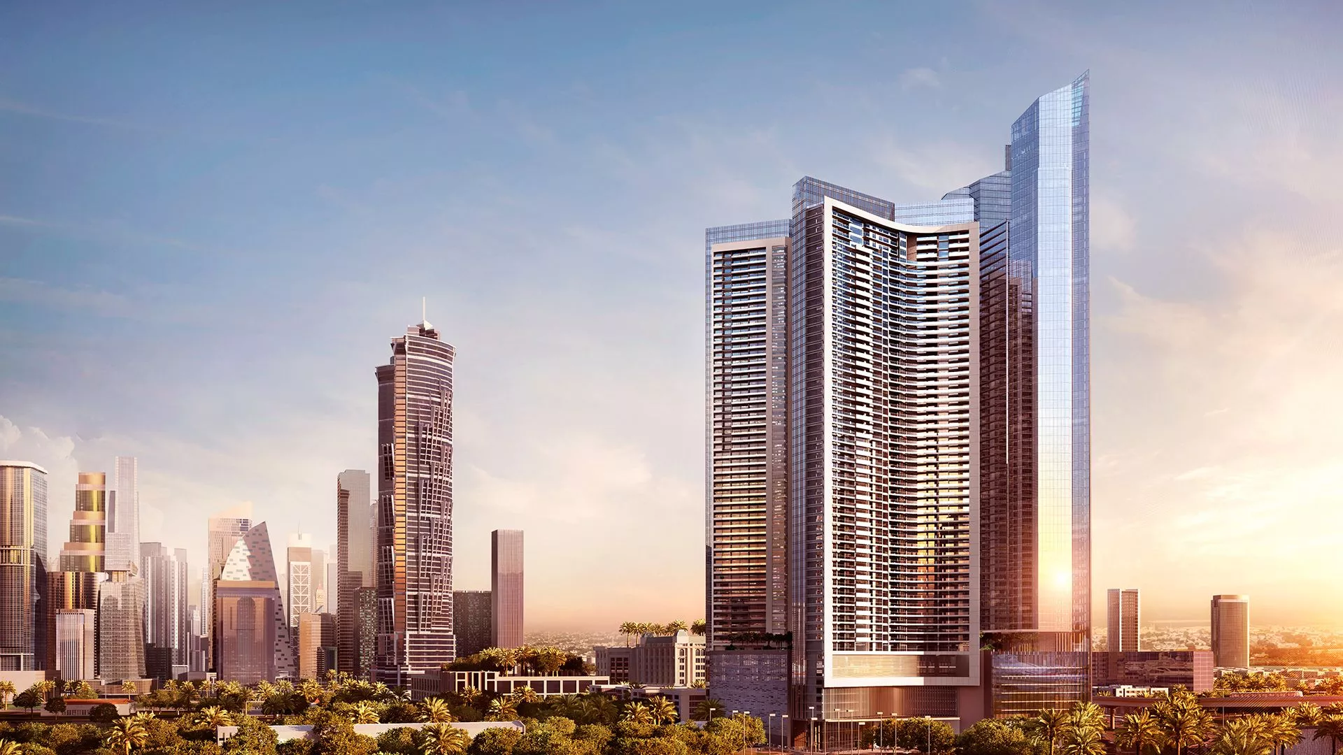 Wide skyline view of Aykon City Tower C. Expert real estate guidance for investing in Dubai's premier buildings.