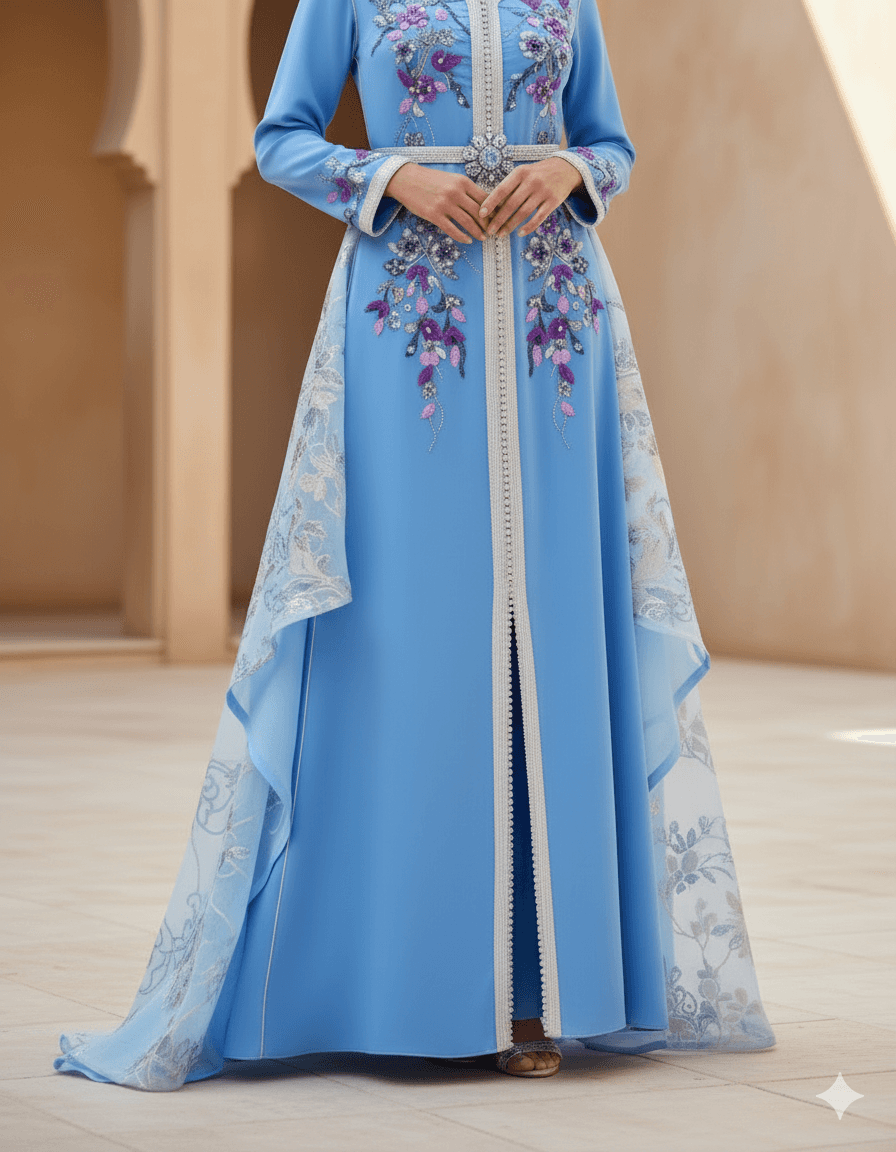 Light blue Moroccan caftan with floral embroidery, luxury handmade caftan designed in Bahrain