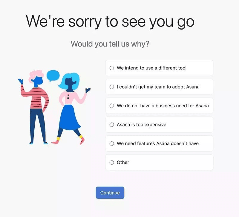 Asana's cancellation flow, a great example of an effective cancellation flow UX. 