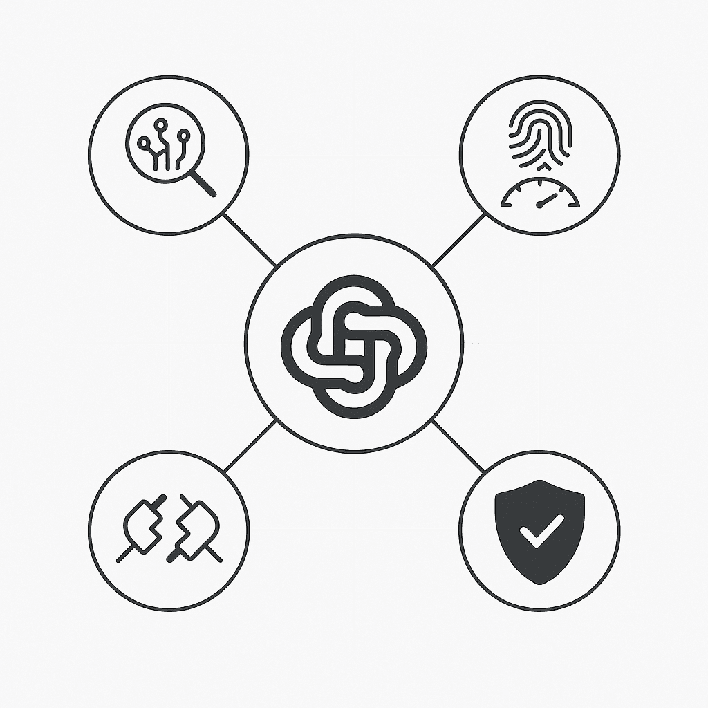 Diagram of four evaluation criteria encircling a central AEO platform symbol