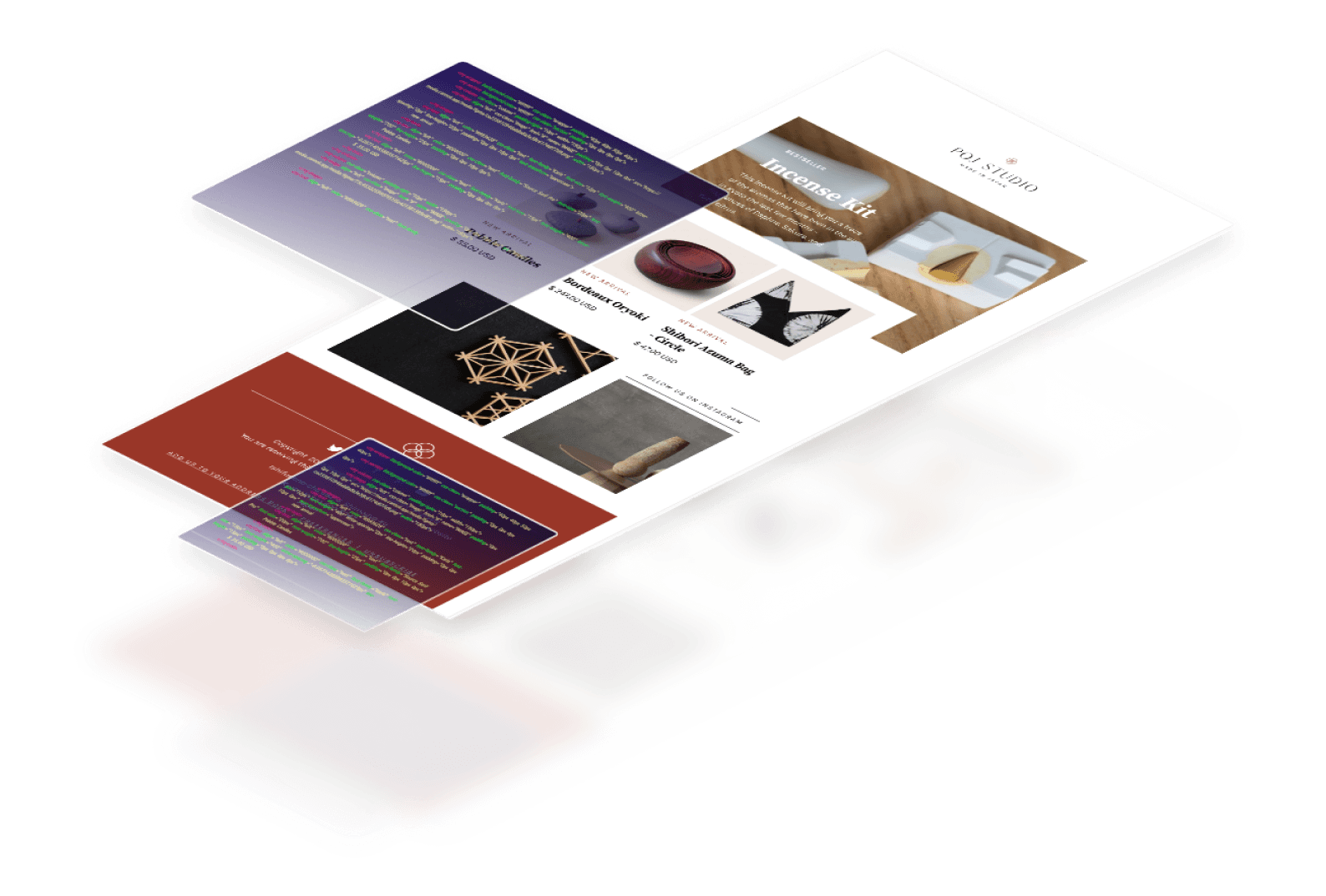 Isometric view of a POJ Studio email, on top a code snippet