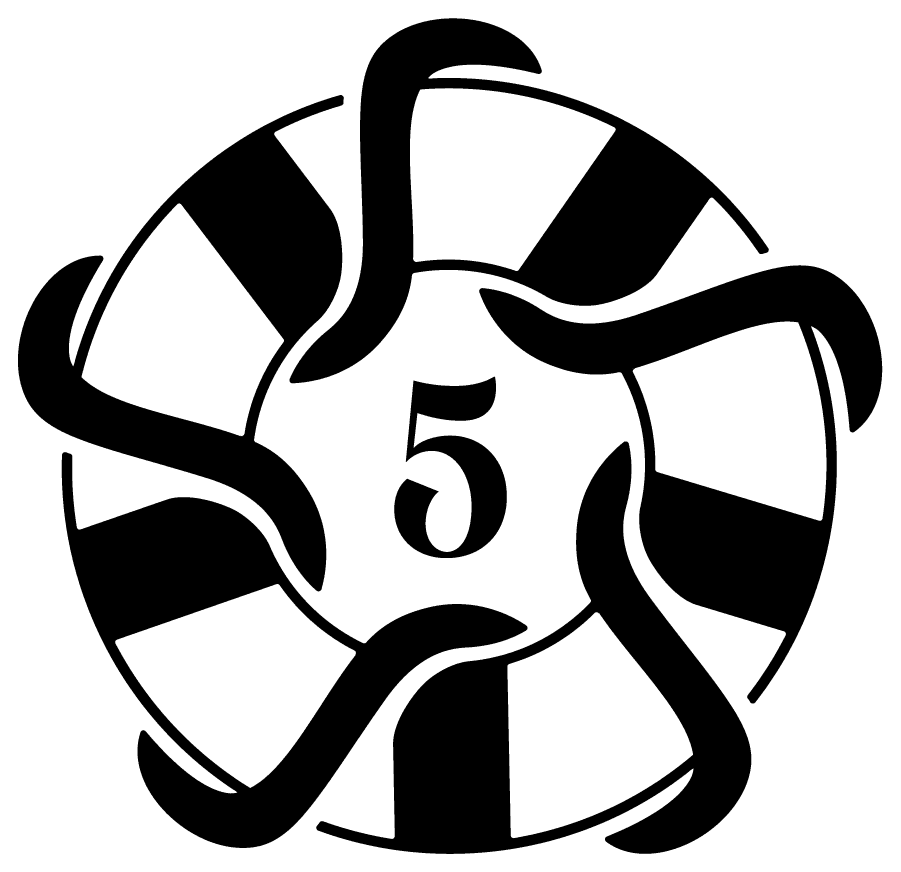 A logo design for a boat named "Five Buoys" a play on "Five Boys." The design has a life preserver ring with 5 stripes, a rope wrapped around it 5 times, and the number "5" written in the middle in a classy serif font.