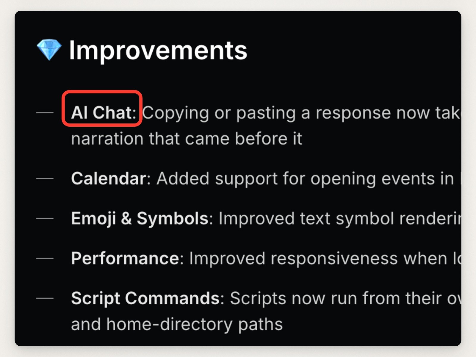 The start of Raycast's Improvements list for version 2.4, each line beginning with a bold area name: AI Chat, Calendar, Emoji & Symbols, Performance and Script Commands; a red box marks AI Chat