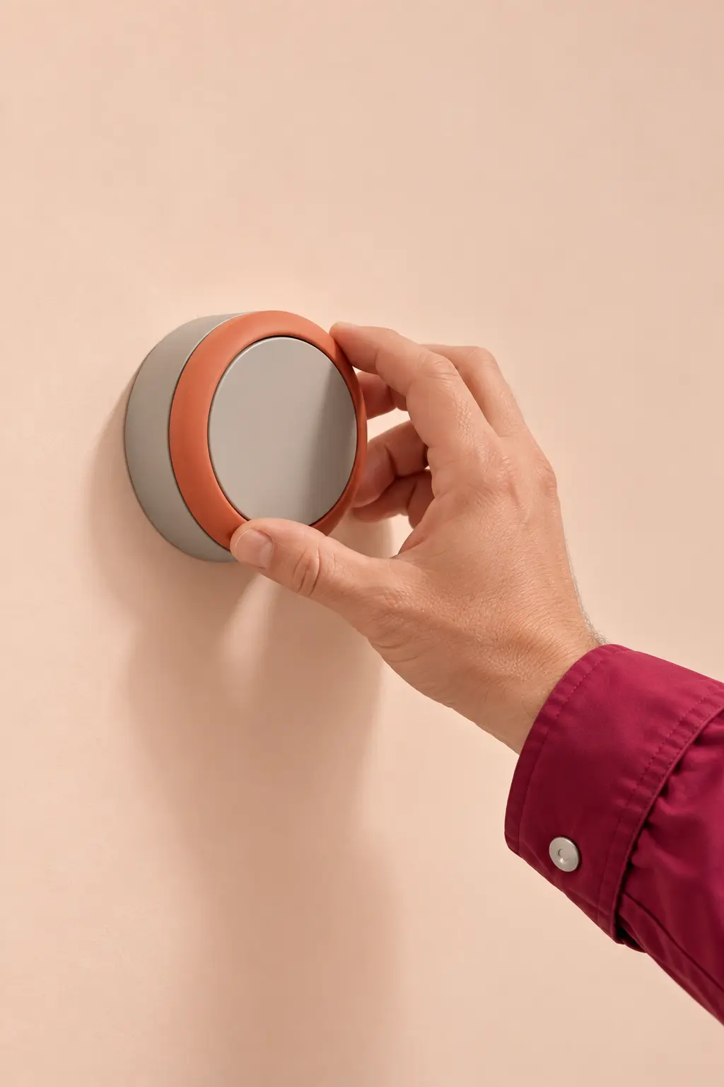 Hand turning the ring of a round wall thermostat