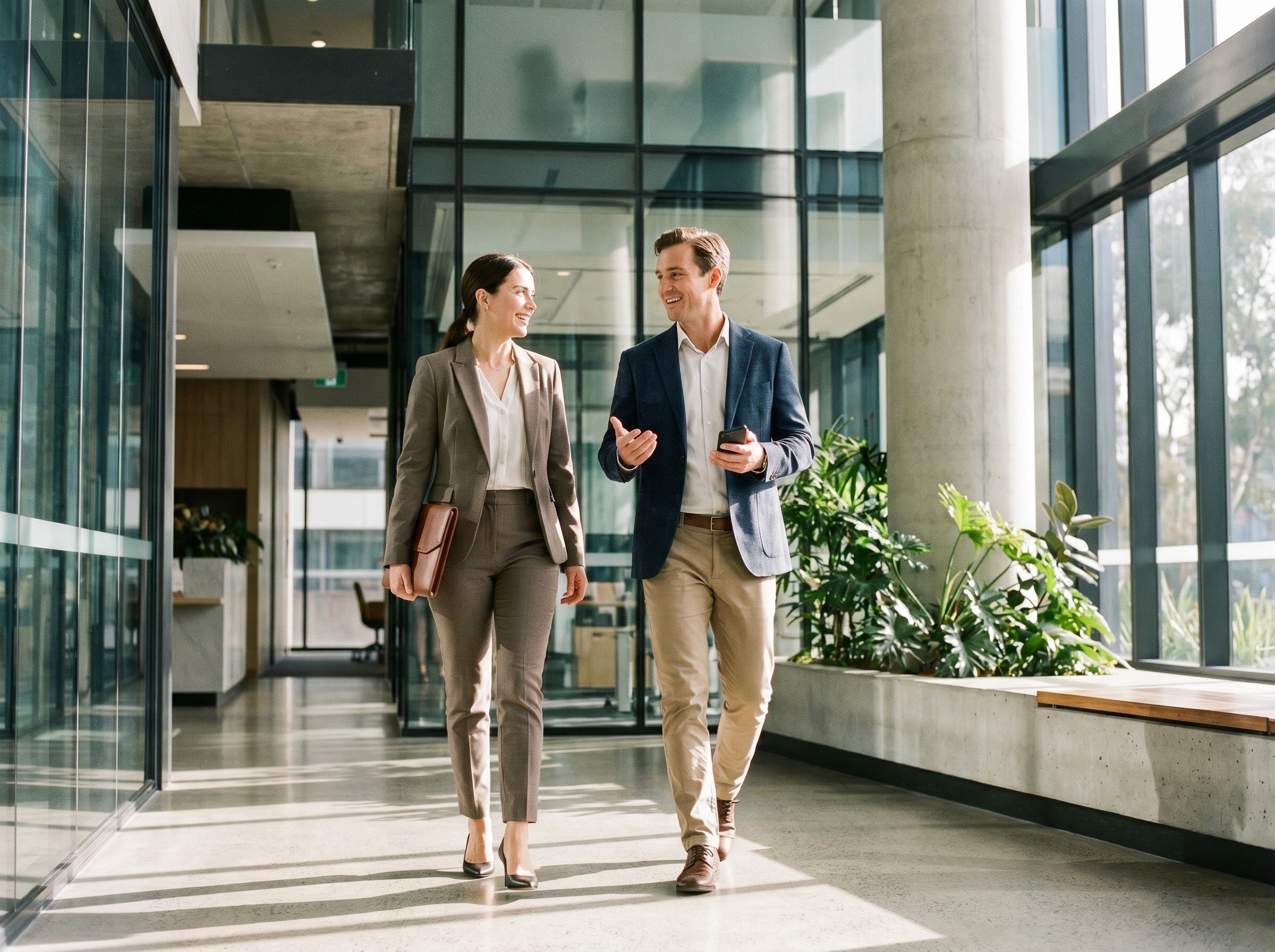 Two professionals (mixed gender, business attire) walking side by side through the lobby of a modern Australian office building, mid-conversation. Glass and concrete architecture. One is carrying a folder, the other has a phone. The mood is purposeful, forward-moving, collegial. Natural light streaming through the lobby windows. Shot at a slight distance, full body framing. No logos, no text. The feel is "people who are already doing this, moving on to the next thing." Clean editorial style.