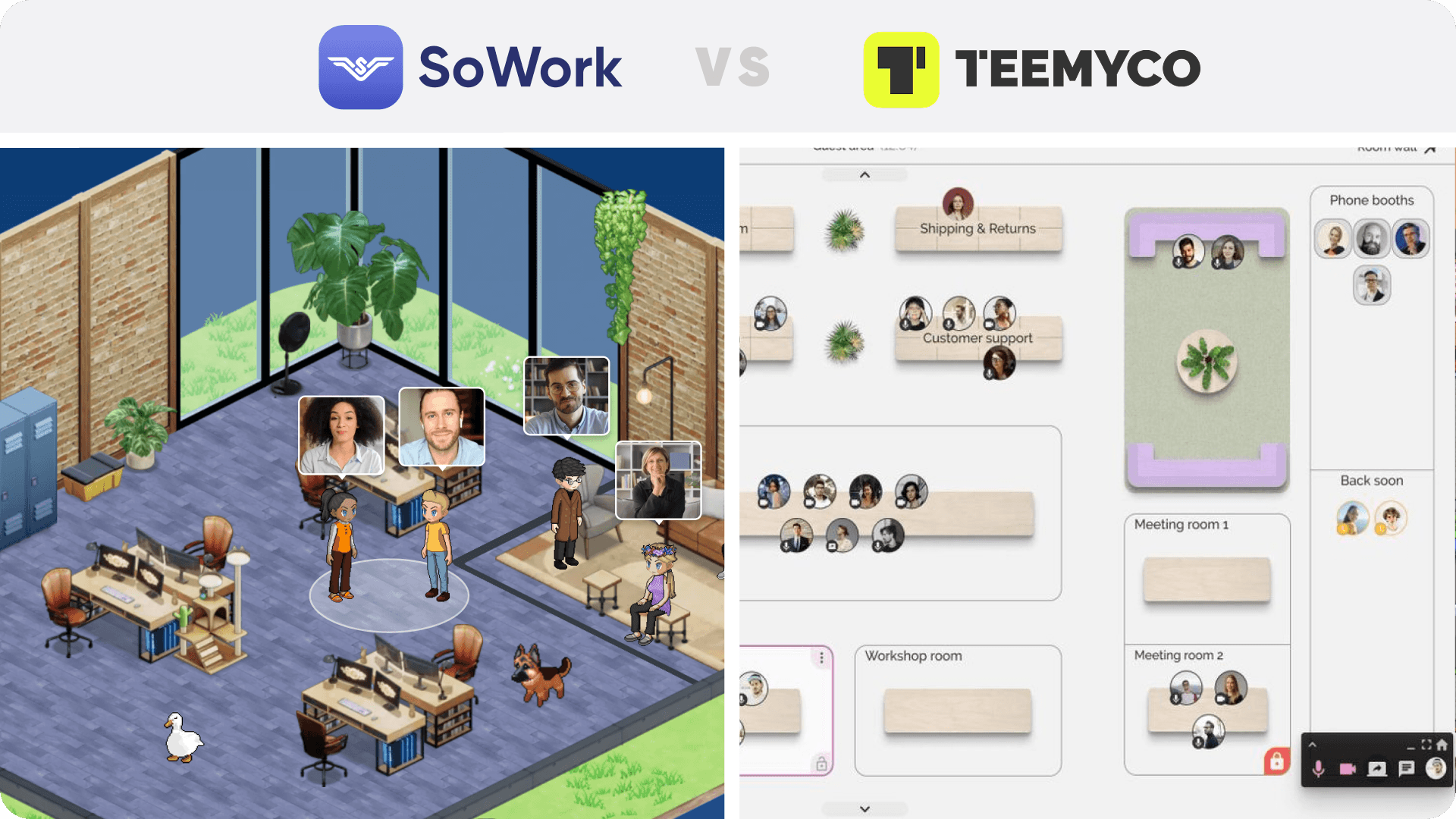 Side-by-side visual comparison of SoWork’s immersive 2.5D virtual office versus Teemyco’s minimalist 2D workspace for remote team collaboration.
