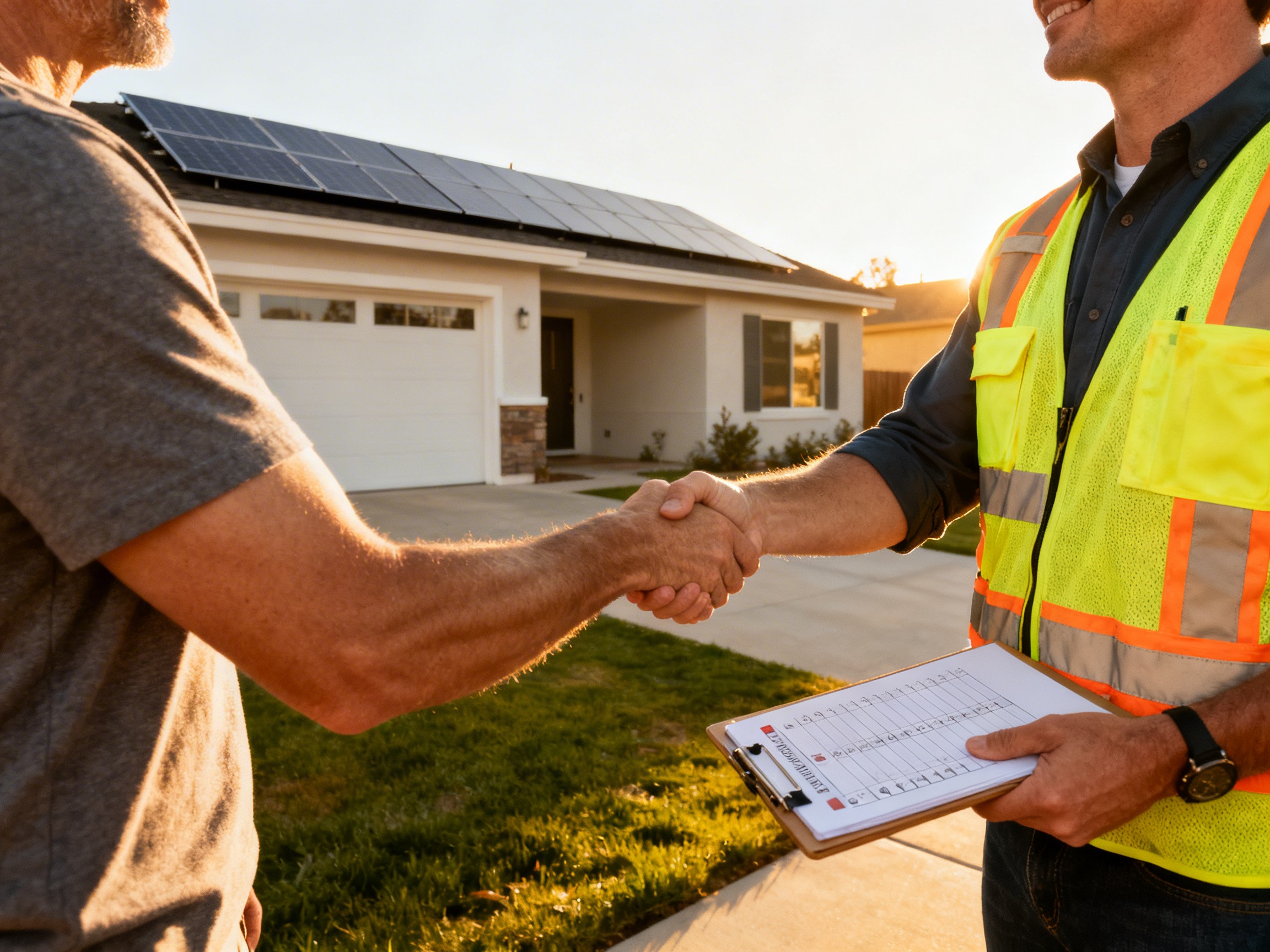 Homeowner shaking hands with a licensed solar contractor in front of a California home with solar panels