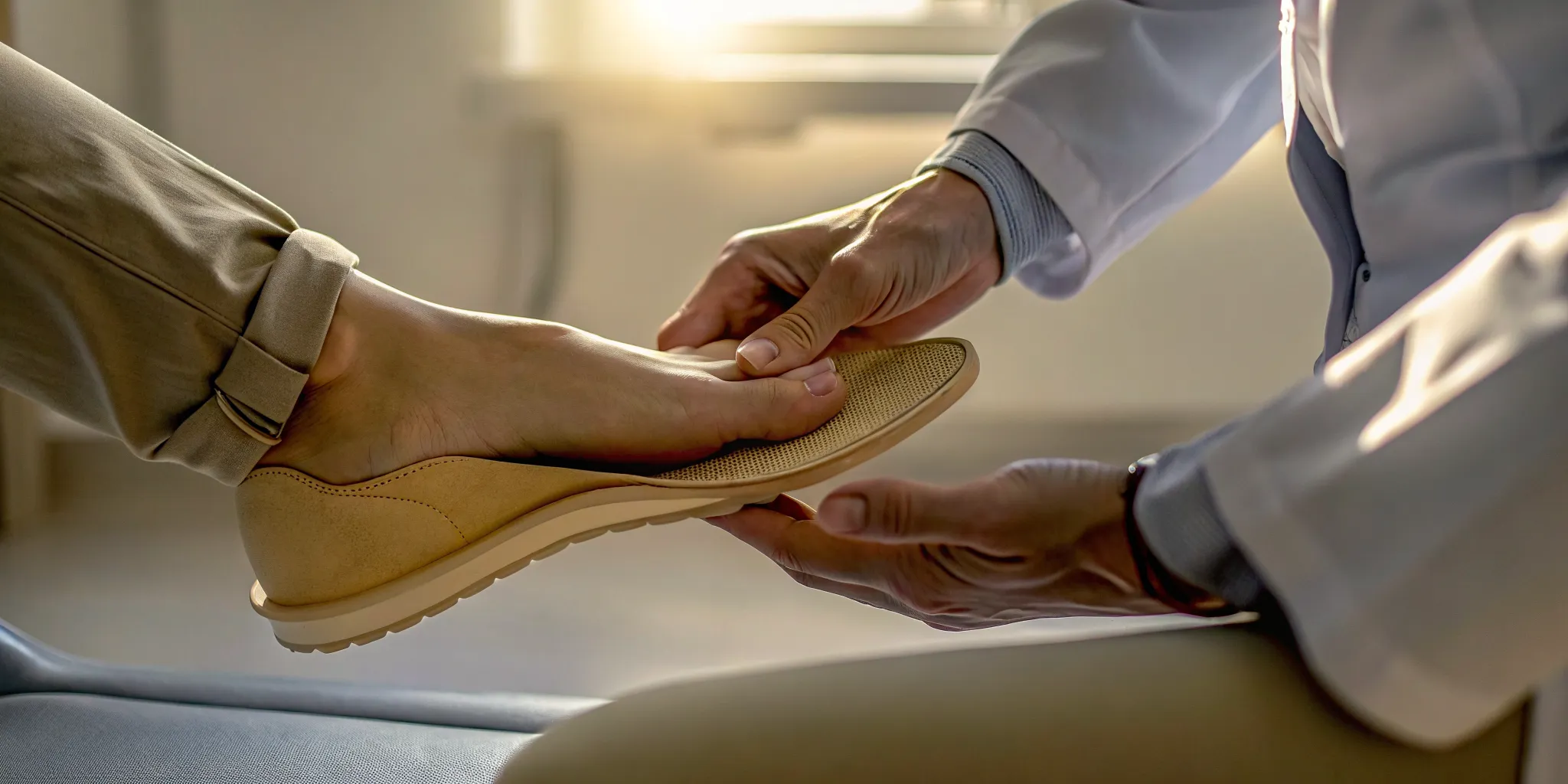 Custom foot orthotic being fitted into a supportive shoe during a podiatry visit