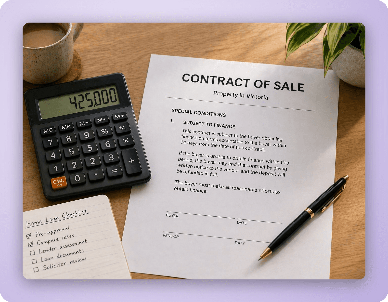Contract of sale and calculator representing subject to finance clause in Victoria