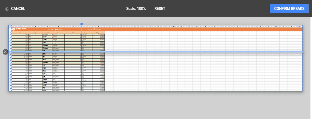 drag the horizontal blue line to the row where you want to create a page break