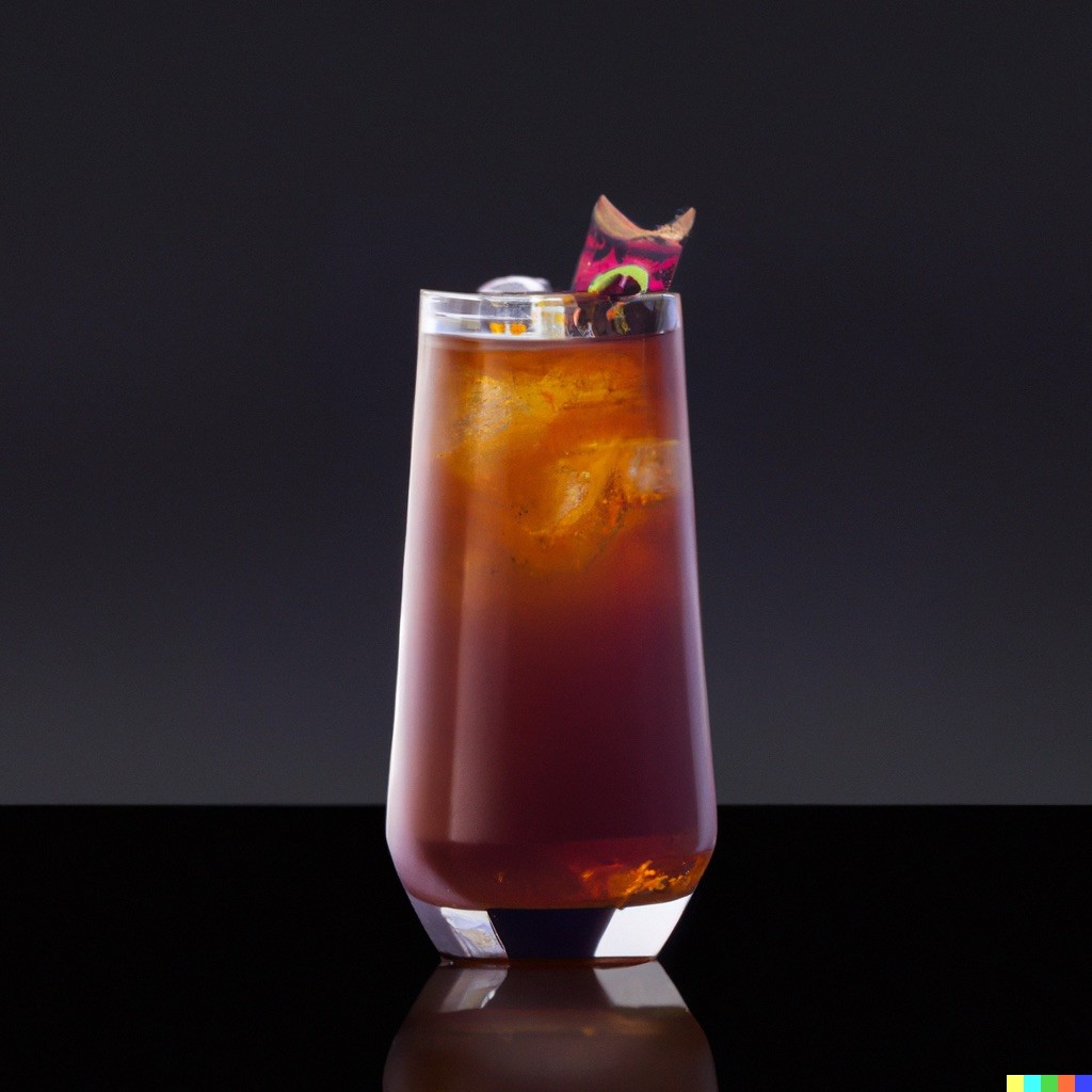 A tall, transparent glass filled with a vibrant, dark orange beverage is garnished with a unique flower and ice, set against a sleek black background, perfect for illustrating an elegant cocktail or iced tea presentation.