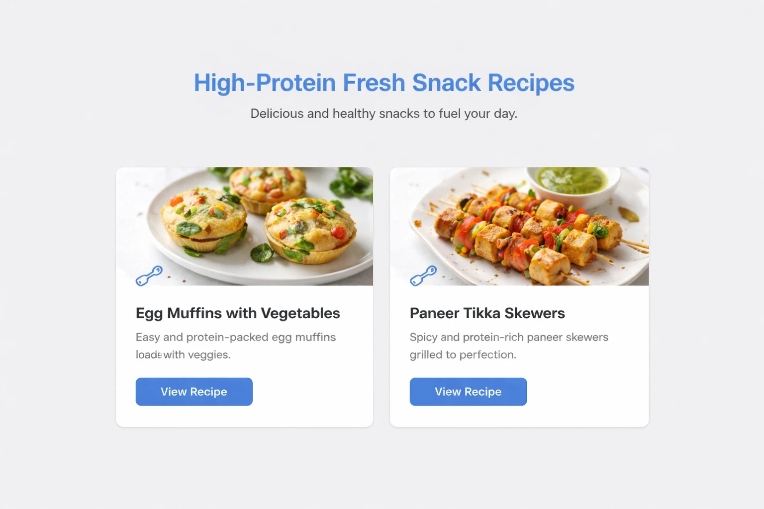 Modern card layout showing two snack recipe cards on a light gray background, using blue accent for titles and buttons.