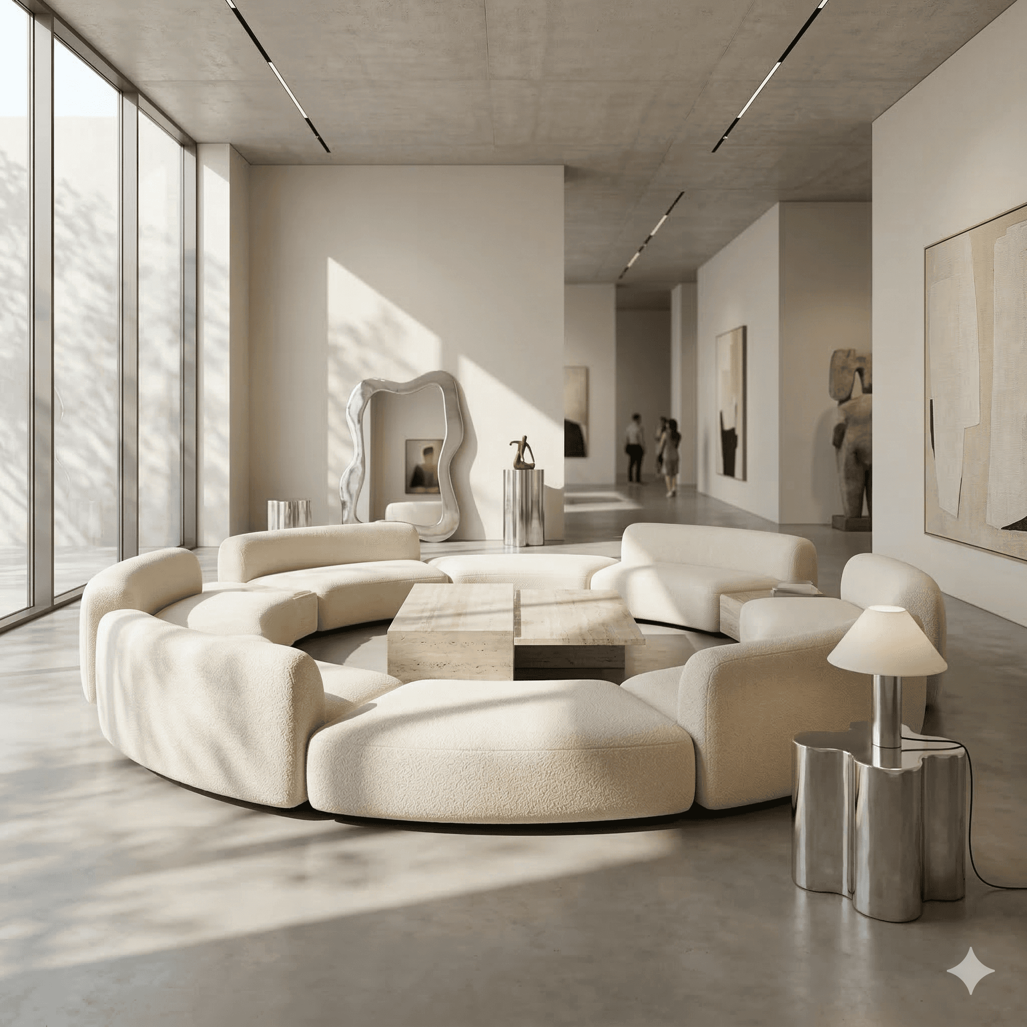 Minimalist terracotta space with open courtyard, geometric steps, and natural light.