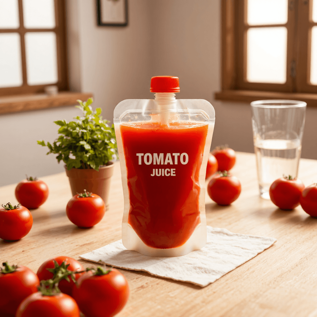 product photography of single-serving pouch of tomato juice