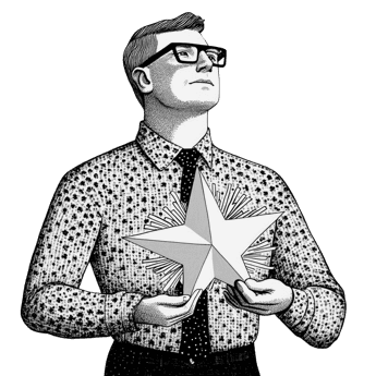 Un homme tient une étoile brillante. Il porte des lunettes, une chemise à motifs et une cravate. Illustration vintage.