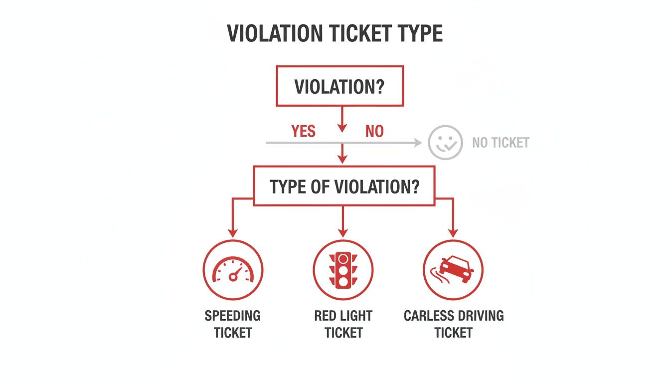Flowchart illustrating different types of traffic violation tickets: speeding, red light, and careless driving.