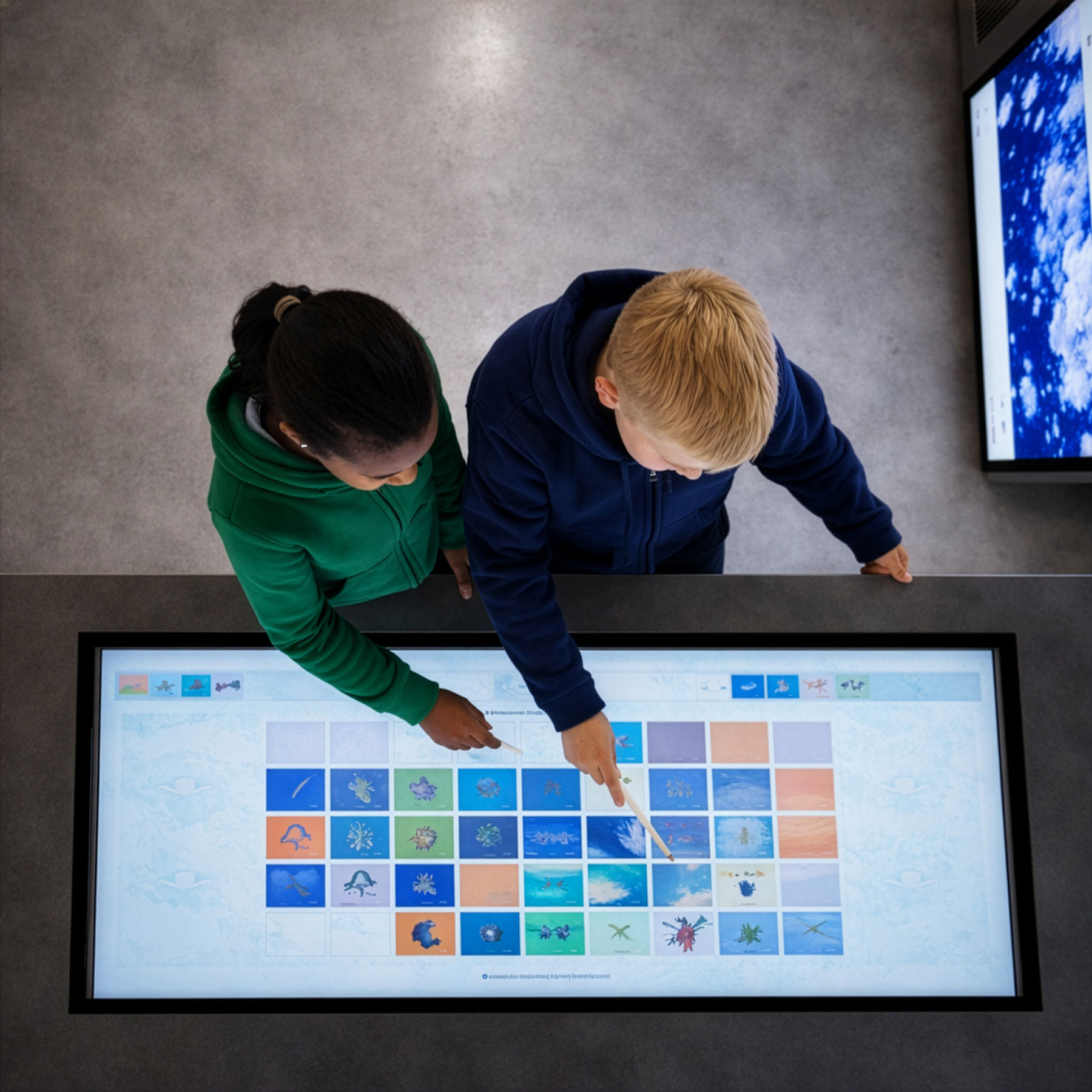 Display touch orizzontale interattivo per musei: bambini che esplorano contenuti digitali su un tavolo multimediale di Gotham Studio