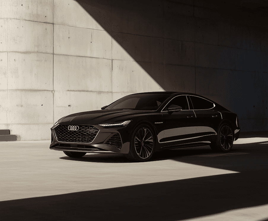 Sleek black Audi sedan parked in a dimly lit concrete garage, highlighting its modern design and glossy finish. Shadow and light create a dramatic effect.