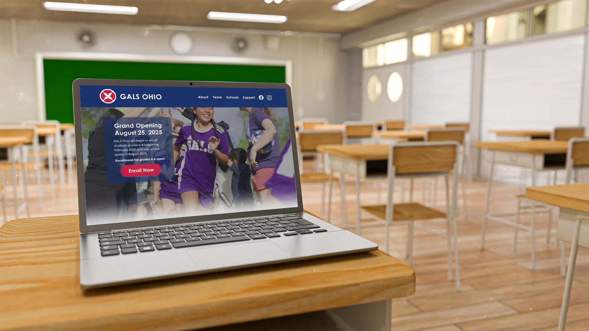 GALS Ohio logo variant alongside the enrollment-focused landing page displayed on a laptop.