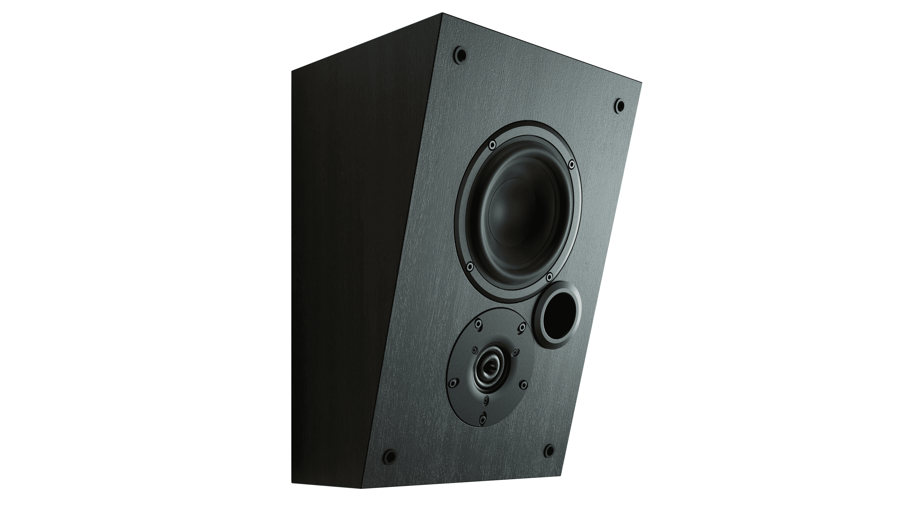 Black angled speaker with woofer and tweeter