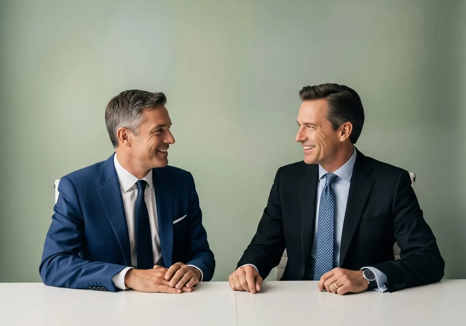 Two businessmen in suits smiling at each other across a table.