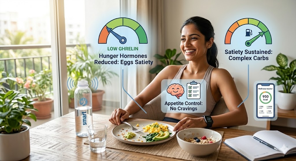 An fit woman smiling at a healthy breakfast table. Translucent infographics overlay the scene, illustrating satiety from eggs (Ghrelin reduction) and complex carbs. Includes a smart water bottle, phone tracker, and workout journal.