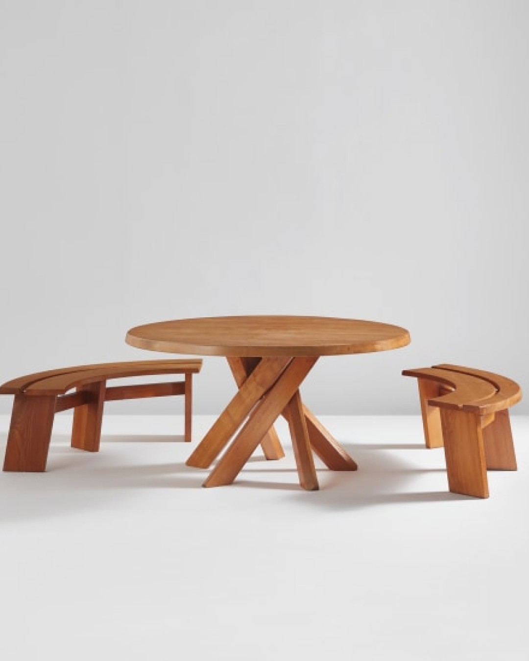 Table Model no. T21 Pair of benches Model no. S38 by Pierre Chapo