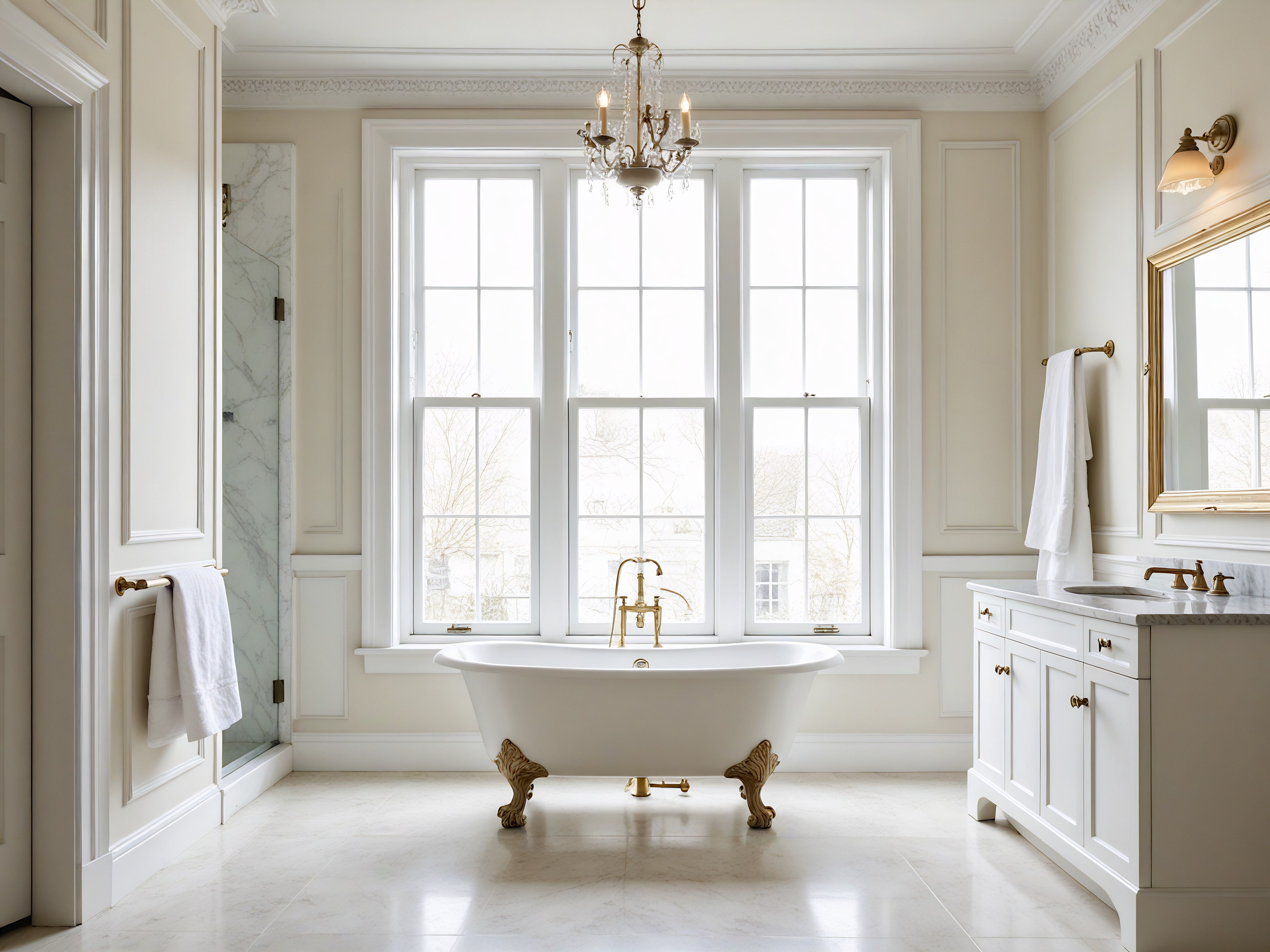 A bright and contemporary bathroom with off-white paneled walls, white marble flooring, and a recessed ceiling. The room is centered around a large, white freestanding oval bathtub positioned within a bright bay window that offers a panoramic view of green trees and a distant town. The tub features a central gold-toned faucet with a white towel draped over the side and a folded bath mat on the floor in front. To the left, a white vanity with a marble countertop and gold hardware sits beneath a gold-framed mirror, next to a white toilet. To the right, a white paneled door with glass inserts stands slightly ajar. The space is flooded with soft, natural light, creating a clean and tranquil atmosphere.