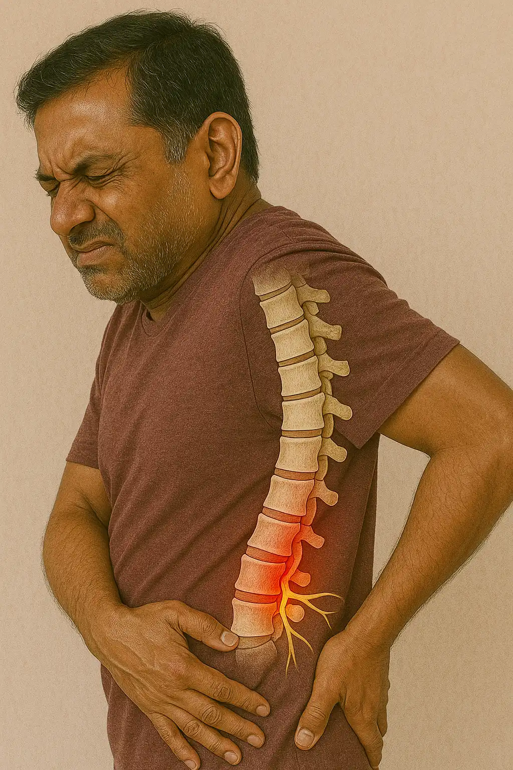 Nerve root irritation shown through a man holding his lower back with an anatomical spine overlay highlighting nerve compression and inflammation.