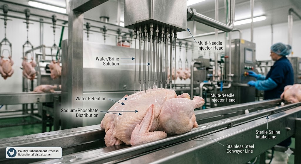 A semi-educational visualization from a sterile processing facility in India, showing a raw whole chicken on a conveyor being injected with a saline brine solution via fine needles. Subtle labeled infographic arrows indicate the movement of 'water', 'sodium', and 'phosphate' into the meat. The background features stainless steel equipment.