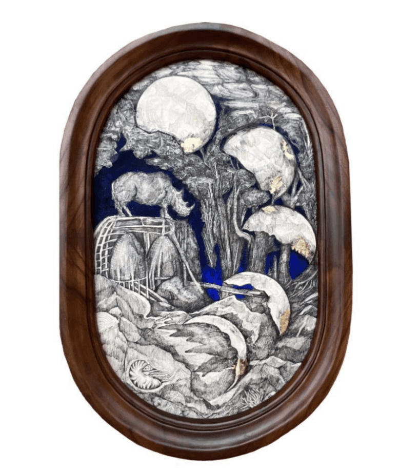 herd of sheep on road painting