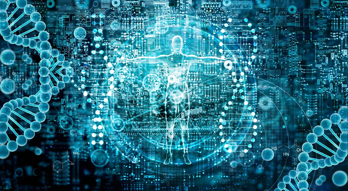 Abstract illustration of a human figure overlaid with circuit and molecular patterns, representing the intersection of human judgement and technology.