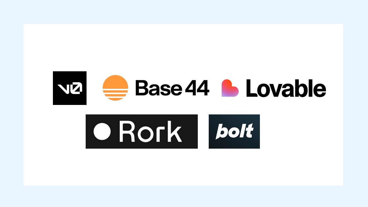 Shows the logos of v0, base, 44, Lovable, Rork, and Bolt. 