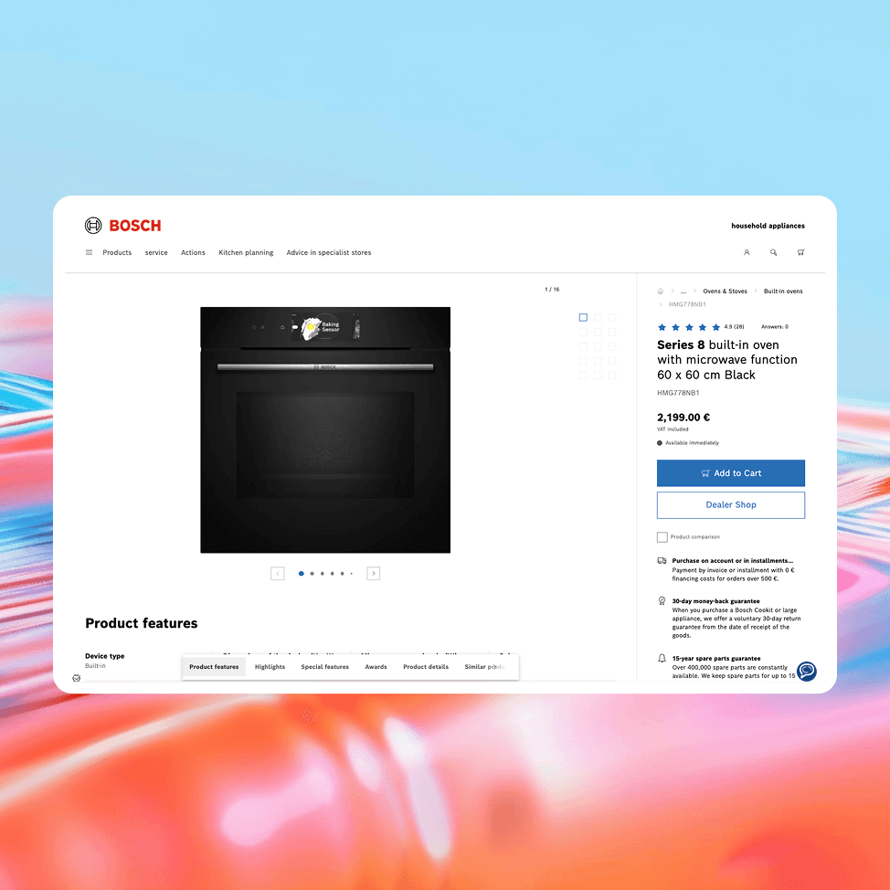 A product webpage displays a Bosch Series 8 built-in oven with microwave function in black, featuring a digital control panel and minimalistic design, alongside a detailed product description and customer reviews.
